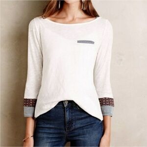 Little Yellow Button Anthropologie Boatneck Stripe Trim Shirt in White sz Small